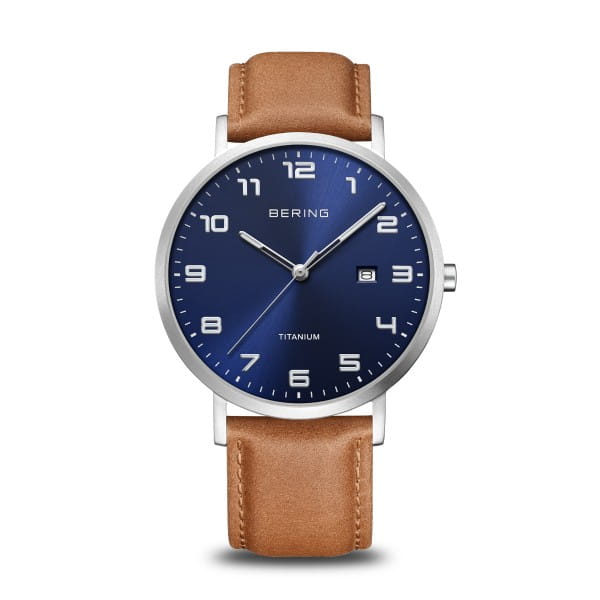 Gents Stainless Steel Bering Brown Strap Blue Dial Watch