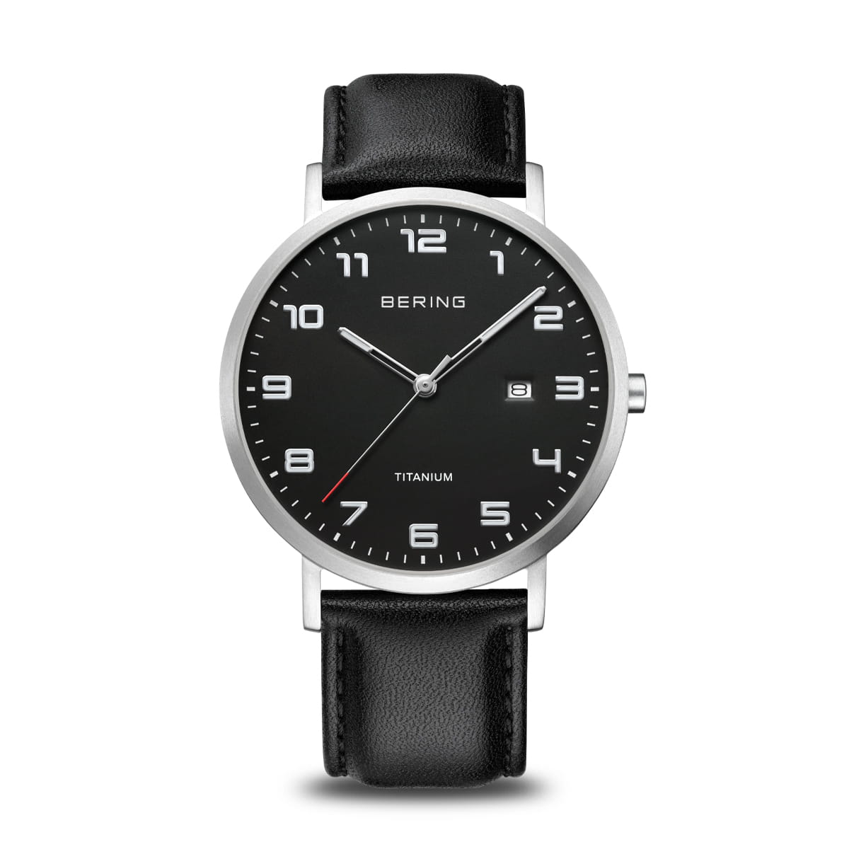 Gents Stainless Steel Bering Round Black Dial Leather Strap