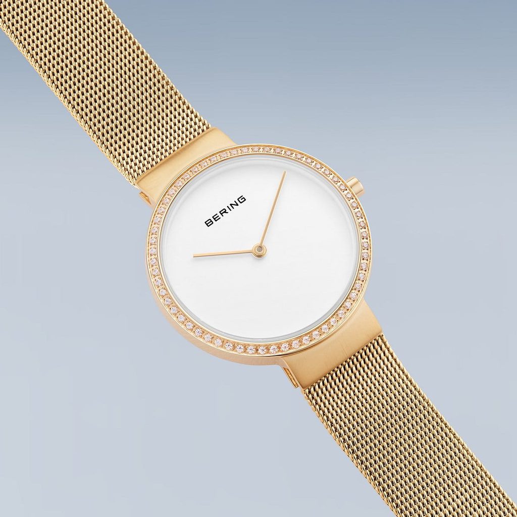 Ladies Rolled Gold Bering Watch With Stone Set Bezel White Dial