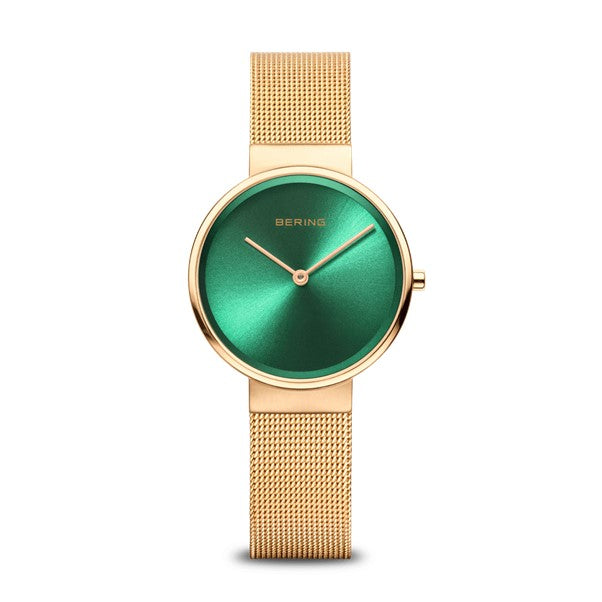 Ladies Rolled Gold Bering Mesh Watch With Green Dial