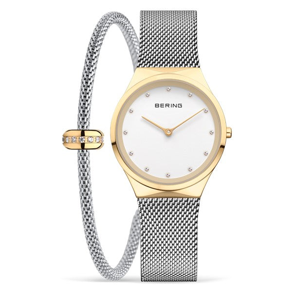 Ladies Two Tone Bering Mesh Strap Watch Set With Bracelet