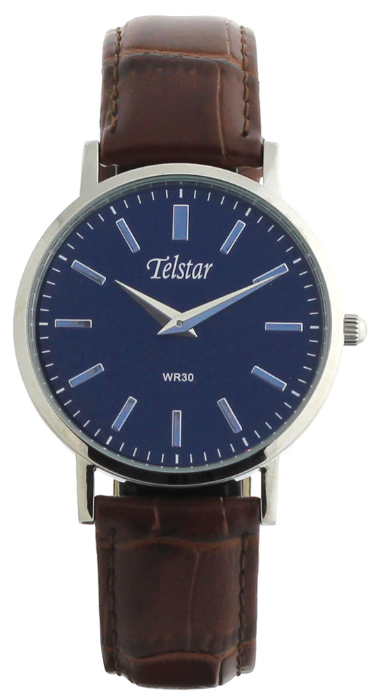 Gents Stainless Steel Brown Starp Blue Dial Skinny Telstar