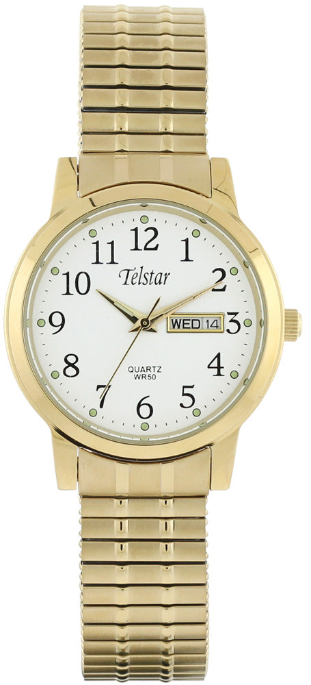 Gents Rolled Gold Black Strap White Dial Day/Date Telstar