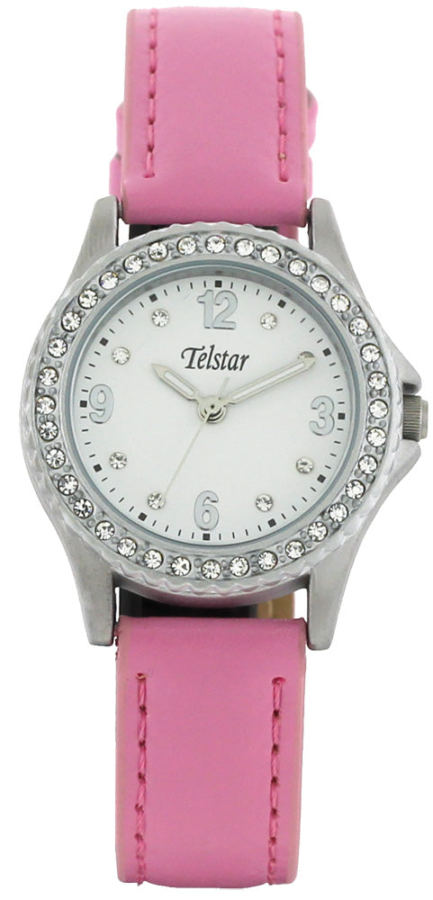 Girls Stainless Steel Pink Strap Cubic Zirconia Bezel Telstar