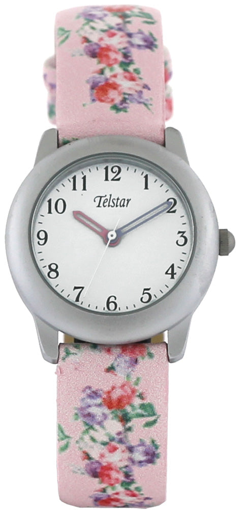 Girls Stainless Steel Pink Flower Strap White Dial Telstar Watch