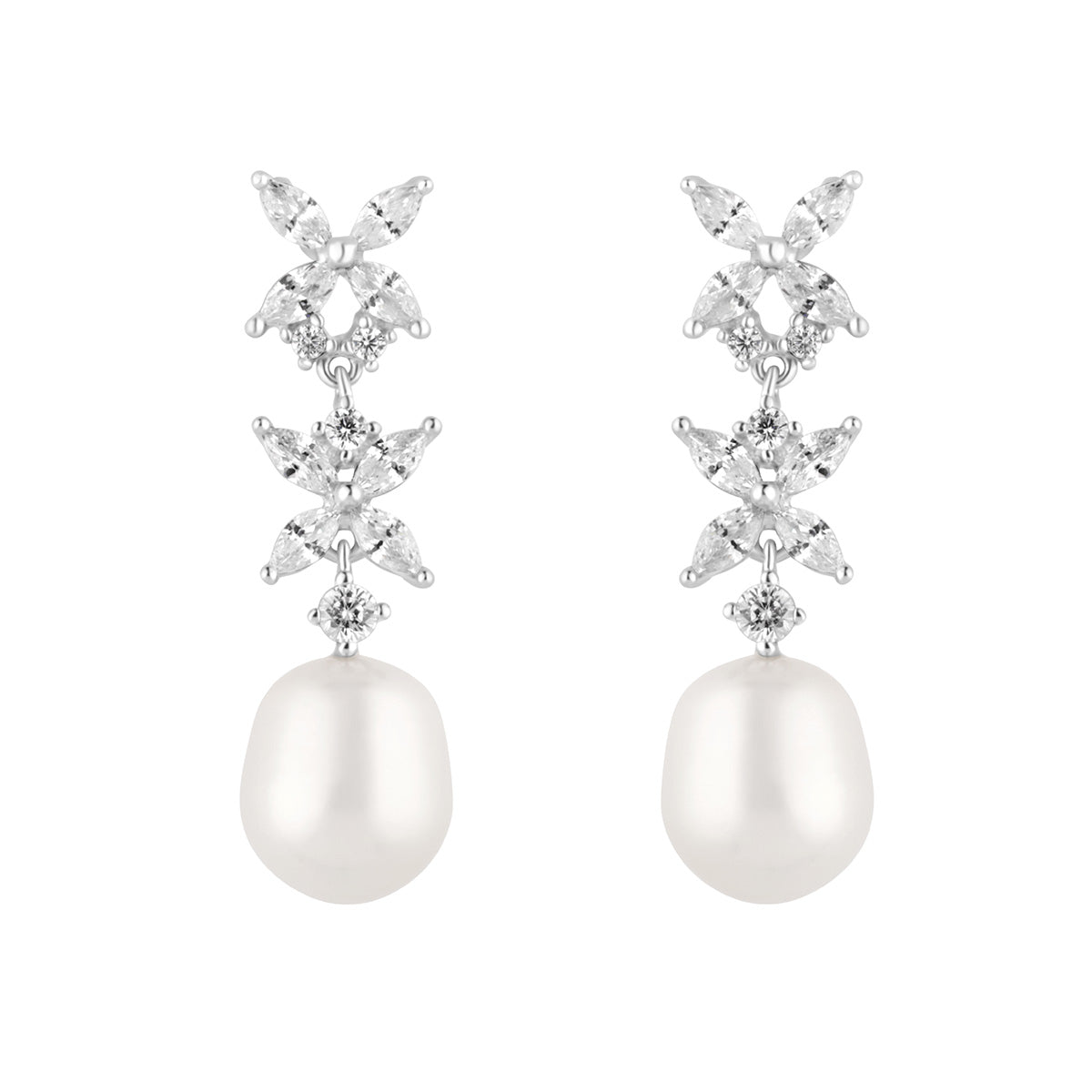 Sterling Silver Cubic Zirconia Flower Drop With Freshwater 9mm Pearl Earring