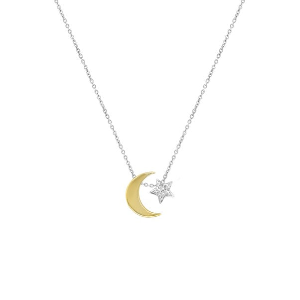 Sterling Silver Necklet with Gold Plated Moon and Diamond Cut Star