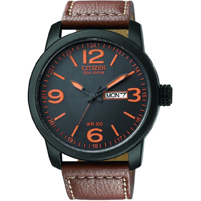 Gents Steel Brown Strap Eco Drive Black Dial Citizen