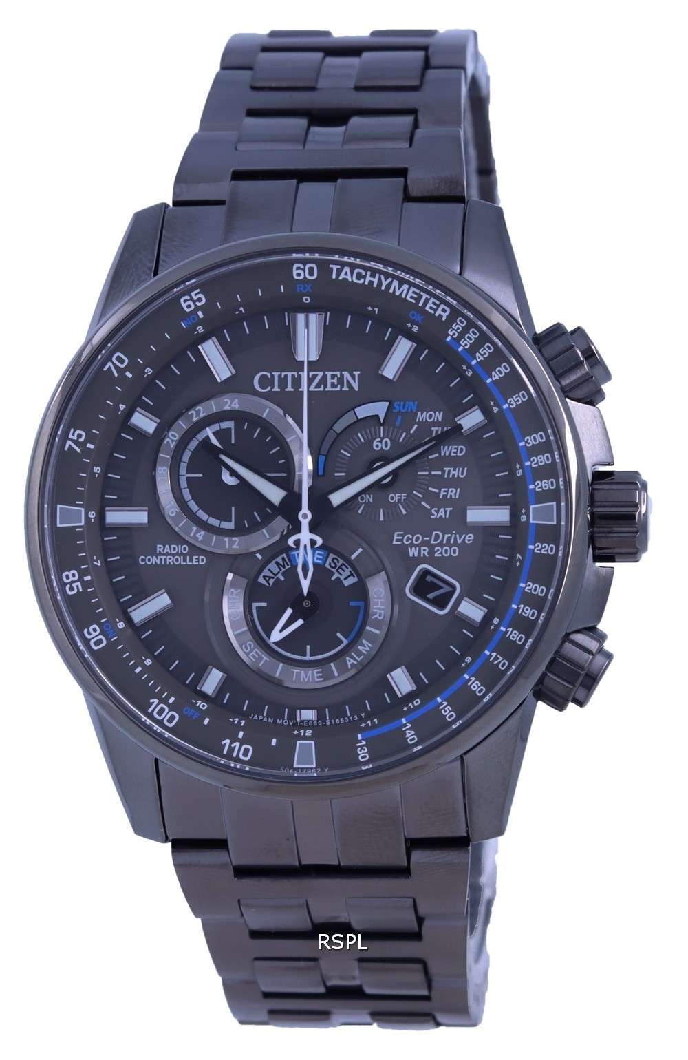 Gents Chrome Citizen Black And Blue Chronograph Dial