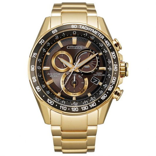 Gents Citizen Rolled Gold Black Chronograph Eco Drive Watch