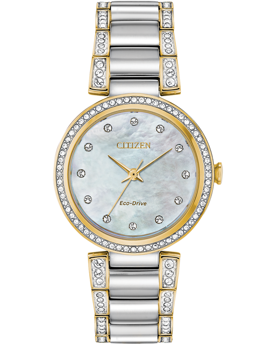 Ladies Stainless Steel And Gold Crystal Eco Drive Citizen Watch