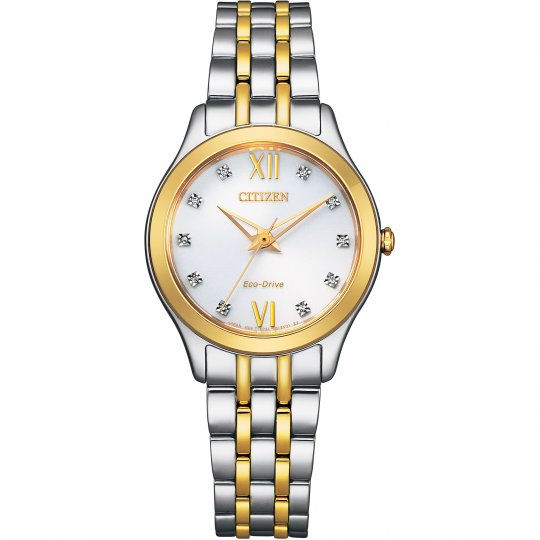Ladies Citizen Two Tone Round White Crystal Batons Eco Drive