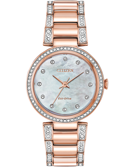 Ladies Stainless Steel Rose Crystal Mother Pearl Citizen Watch