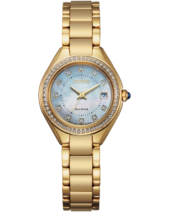 Ladies Stainless Steel Gold Crystal Bezel Mop Citizen Watch