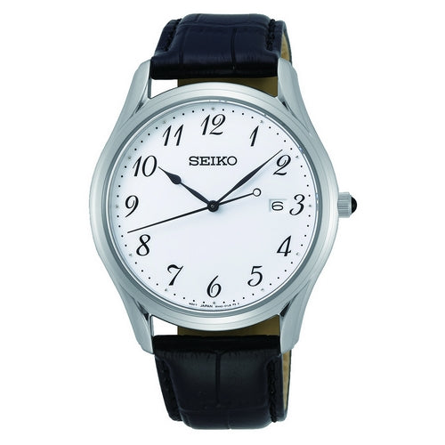Gents Stainless Steel Black Strap White Dial Seiko Watch