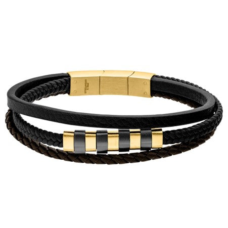 Gents Steelwear Gold Stainless Steel and Black Plaited Leather Bracelet