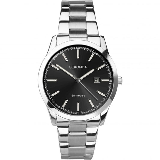 Gents Stainless Steel Sekonda Watch With Black Date Dial