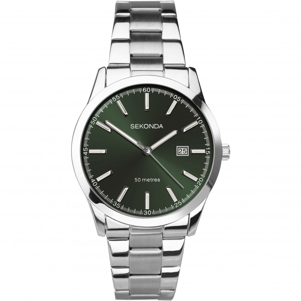 Gents Stainless Steel Bracelet Watch With Green Date Dial