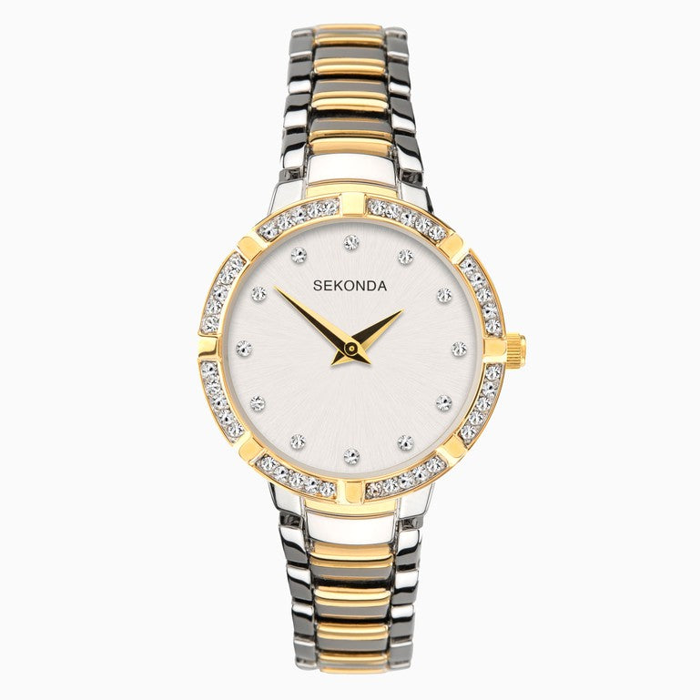 Ladies Mixed Bracelet Watch With White Dial And Cubic Zirconia