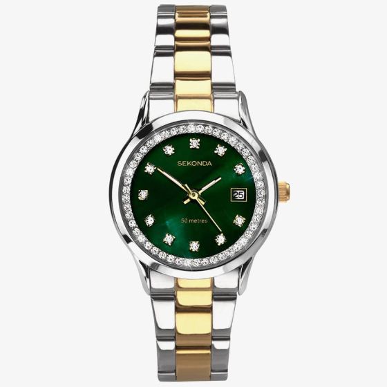 Ladies Mixed Bracelet Watch With Green Dial With Cubic Zirconia
