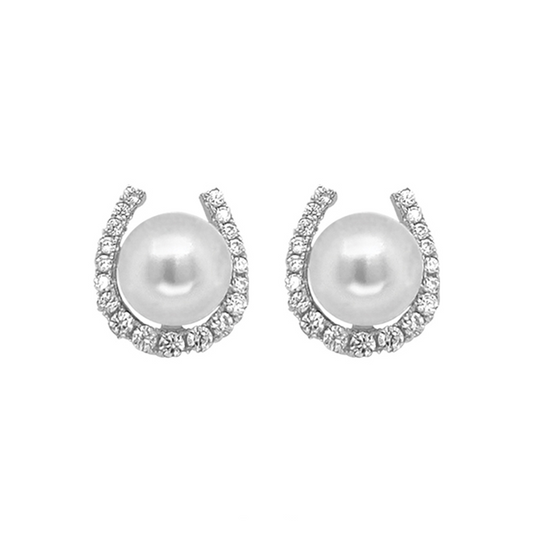 Sterling Silver 6mm Freshwater Pearl Earring With Horseshoe Cubic Zirconia Surround
