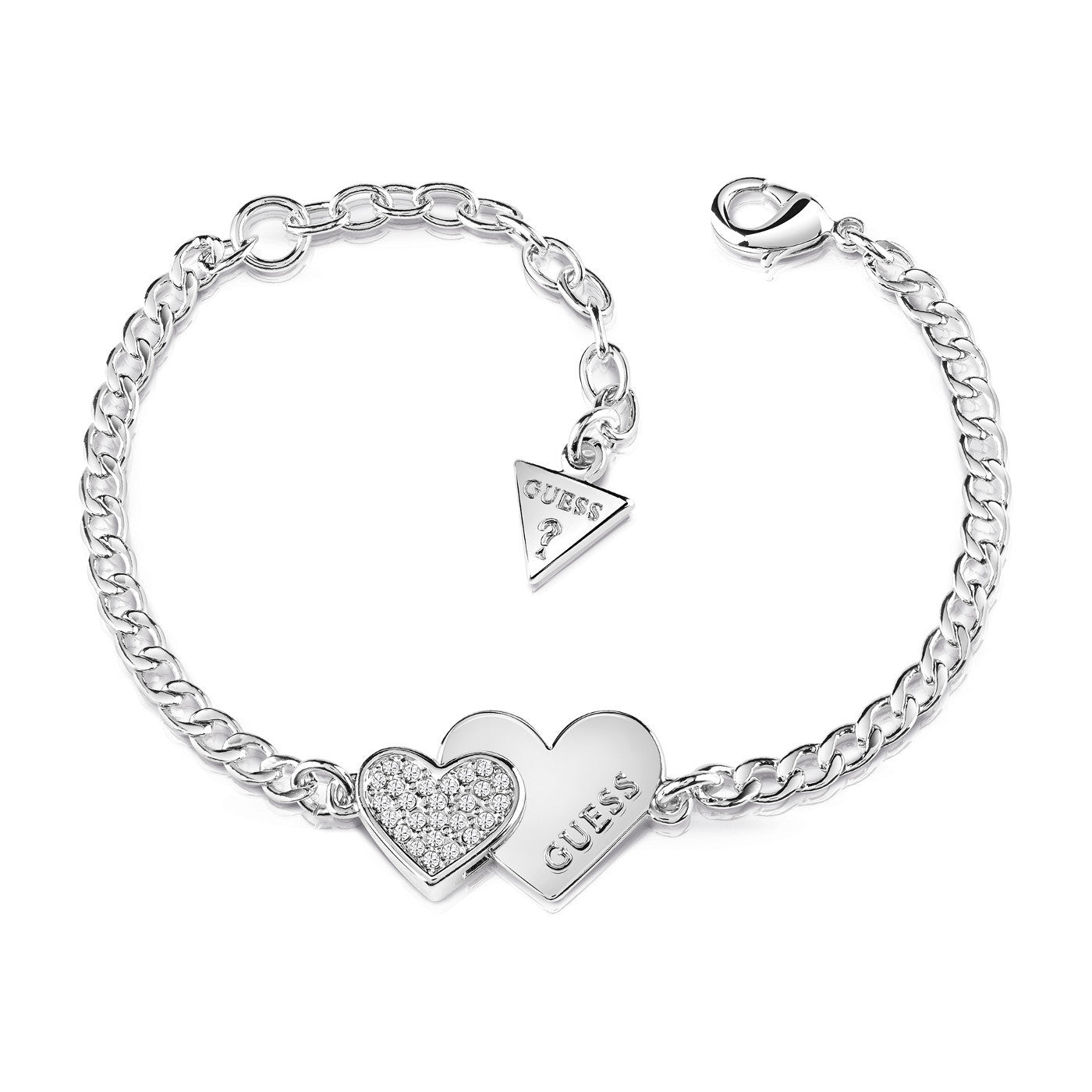 Guess Silver Plated 2 Heart Cubic Zirconia Curb Bracelet