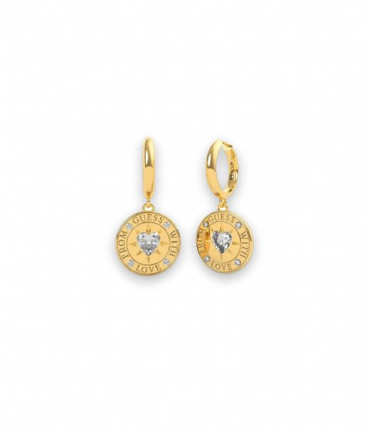 Guess Gold Plated Cubic Zirconia Heart Disc Drop Huggie Earring