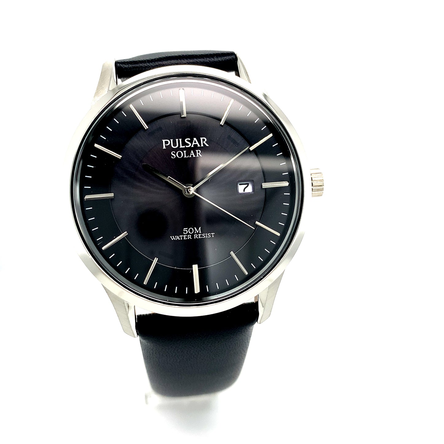Gents Stanless Steel Black Strap Solar Pulsar Watch