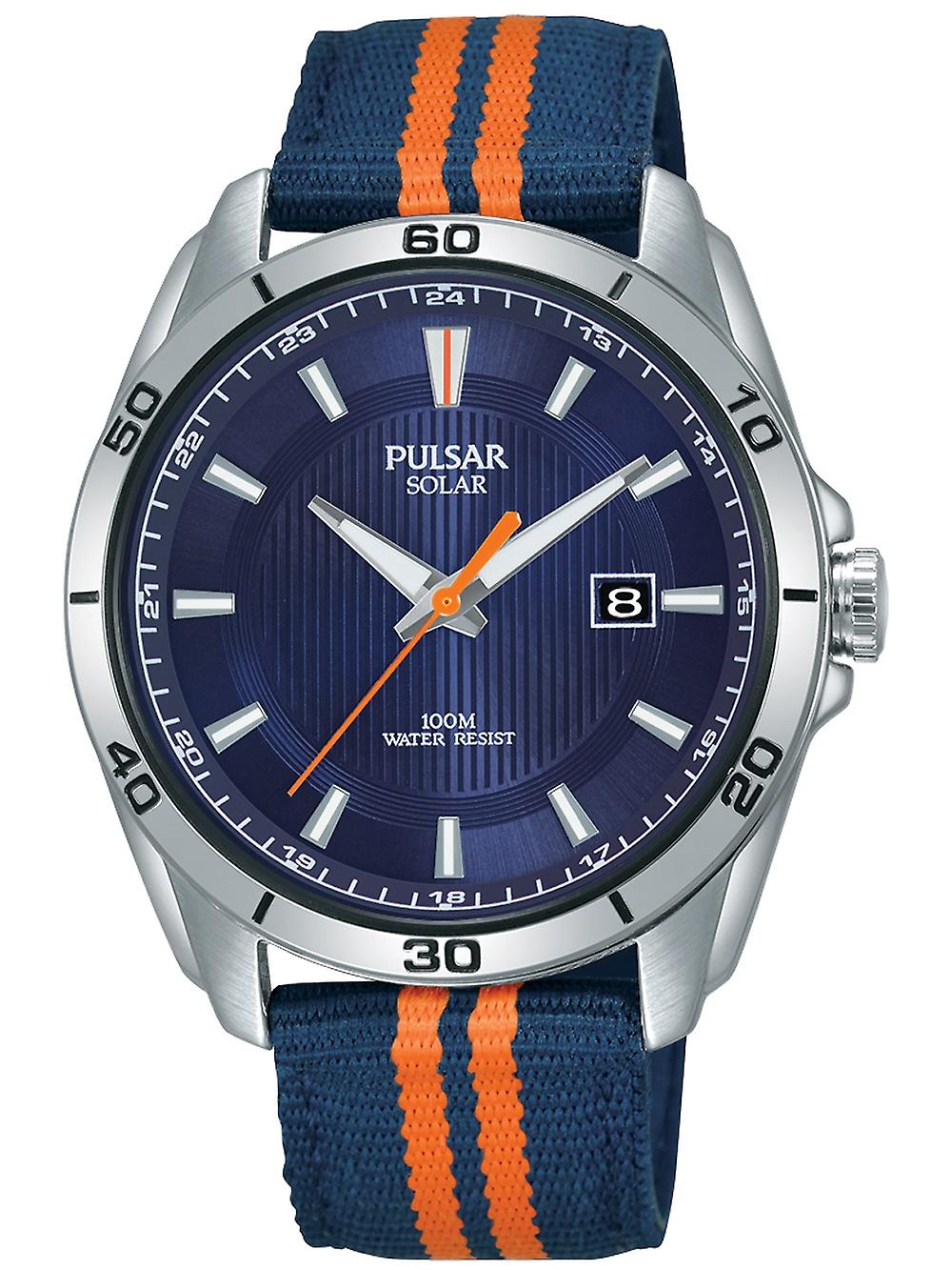 Gents Stainless Steel Blue And Orange Strap Solar Pulsar Watch