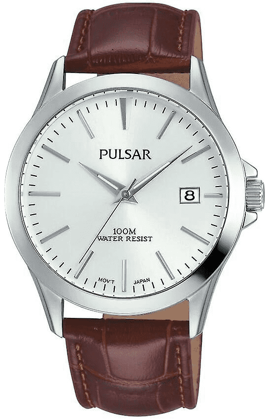 Gents Stainless Steel Brown Strap Pulsar Watch