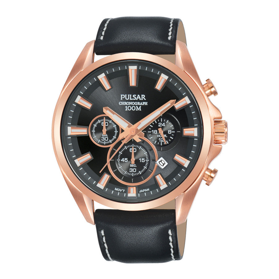 Gents Rolled Gold Rose Black Strap Chronograph Pulsar Watch