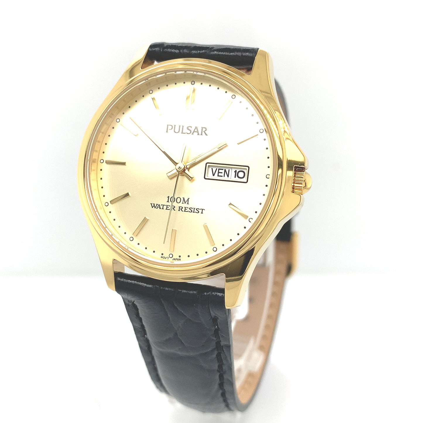 Gents Rolled Gold Black Strap Gold Dial Pulsar Watch