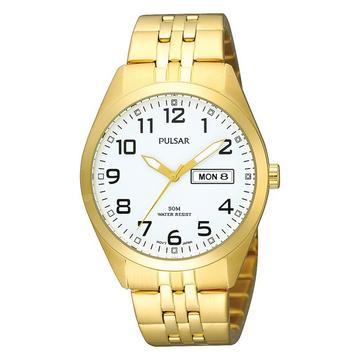 Gents Rolled Gold Bracelet White Dial Day/Date Window Pulsar