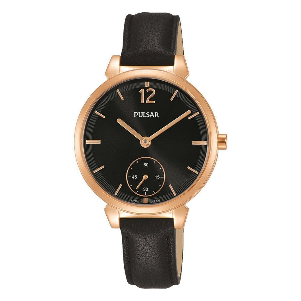Ladies Rolled Gold Rose Black Strap Black Dial Pulsar Watch