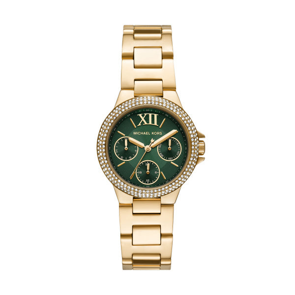 Ladies Rolled Gold Bracelet Cubic Zirconia Bezel Green Dial Kor