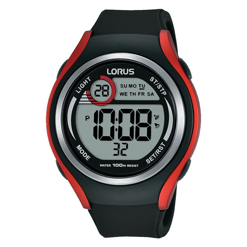 Gents Digital Black And Red Rubber Strap Lorus Watch