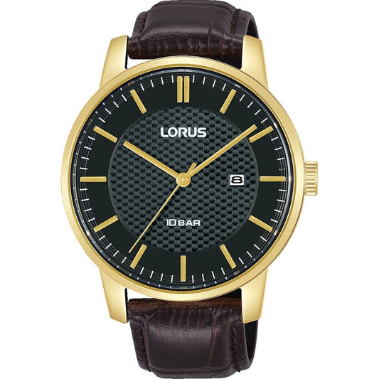 Gents Rolled Gold Black Strap Black Dial Battons Lorus