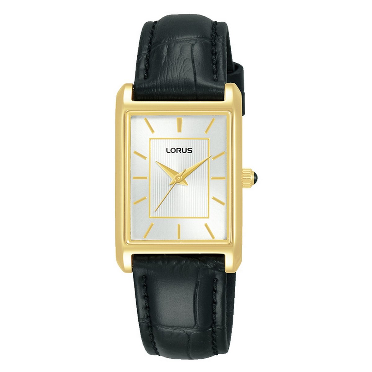 Ladies Lorus Rolled Gold Rectangular Dial With Black Strap
