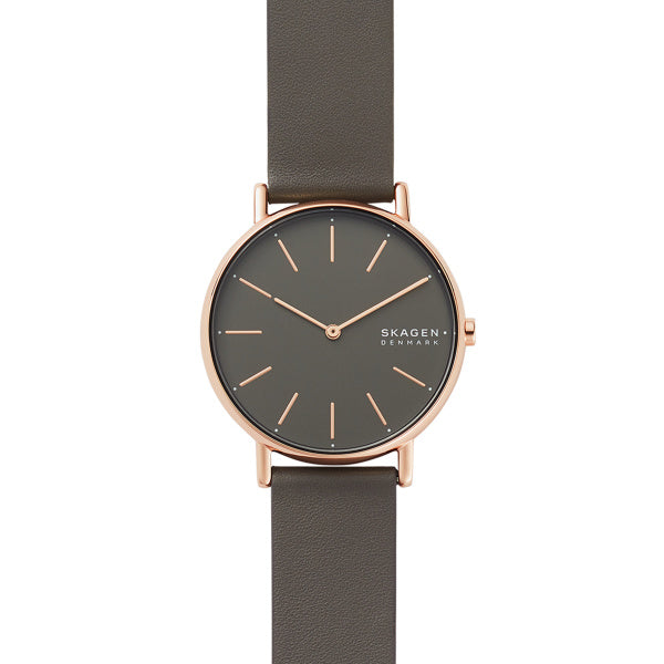 Ladies Rolled Gold Signatur Skagen Grey Strap Watch Rose