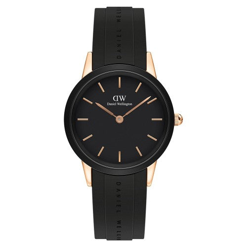 Ladies Rolled Gold Black Strap 32mm Iconic Motion D.W