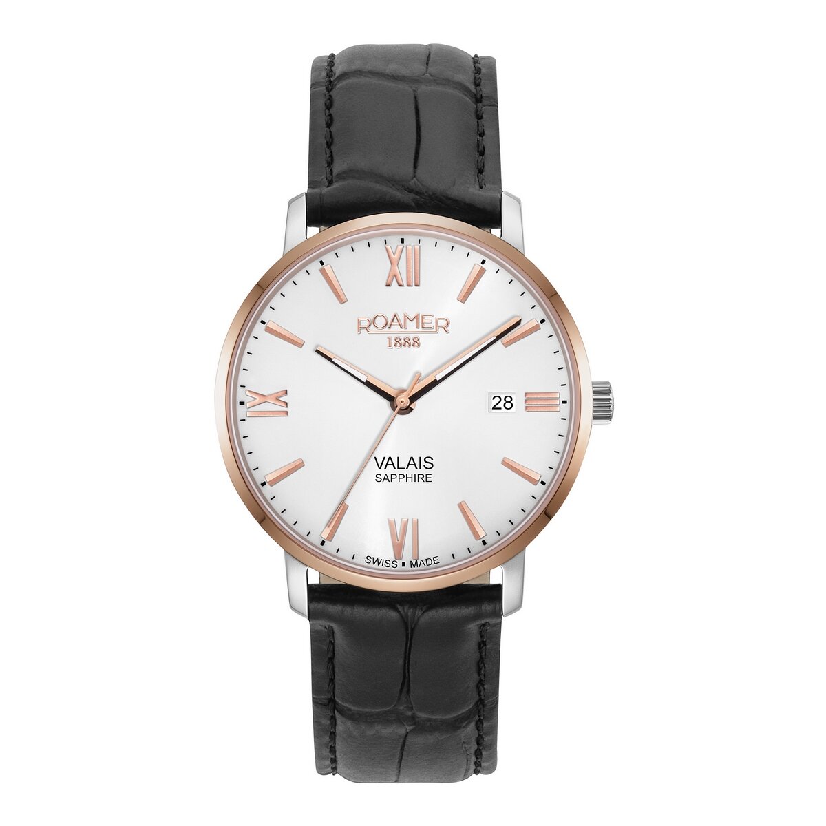 Gents Stainless Steel Black Strap Rose Bezel White Dial Roamer