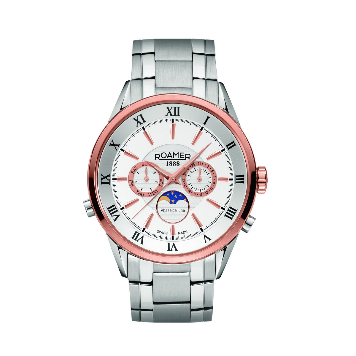 Gents Stainless Steel & Rose Moonphase Roamer Watch