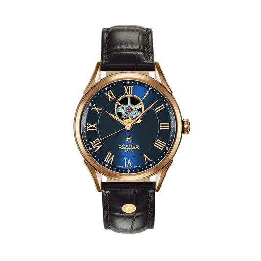 Gents Rolled Gold Brown Strap Blue Dial Swinging Heart Roamer