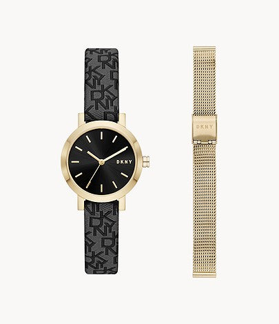 Ladies DKNY Rolled Gold Black Logo Strap + Mesh Bracelet
