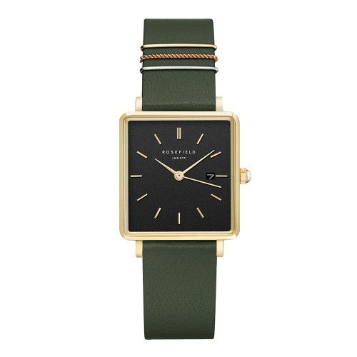 Ladies Rolled Gold Green Strap Boxy Black Sunray Rosefield