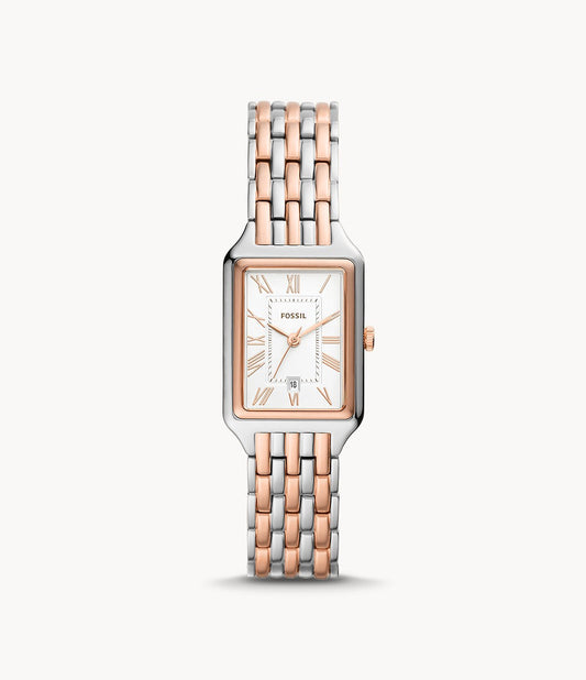 Ladies Fossil Two Tone Rectangular White Dial
