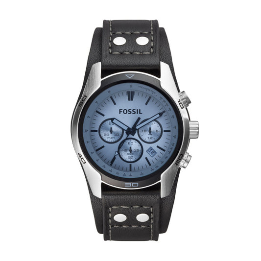 Gents Fossil Stainless Steel Black Strap Blue Chronograph Watch