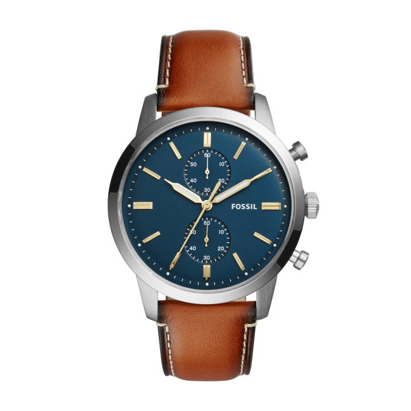 Gents Stainless Steel Brown Strap Blue Dial Fossil Watch