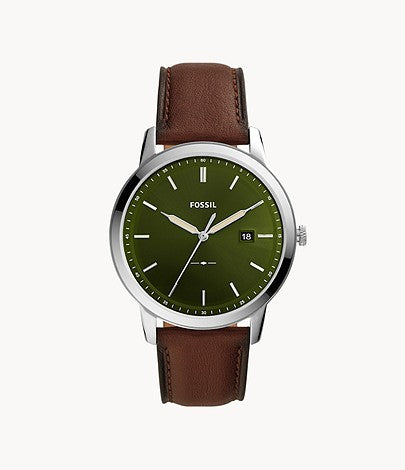 Gents Stainless Steel Brown Strap Green Dial Fossil Watch