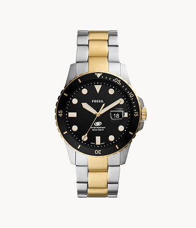Gents Fossil Two Tone Black Dial + Bezel